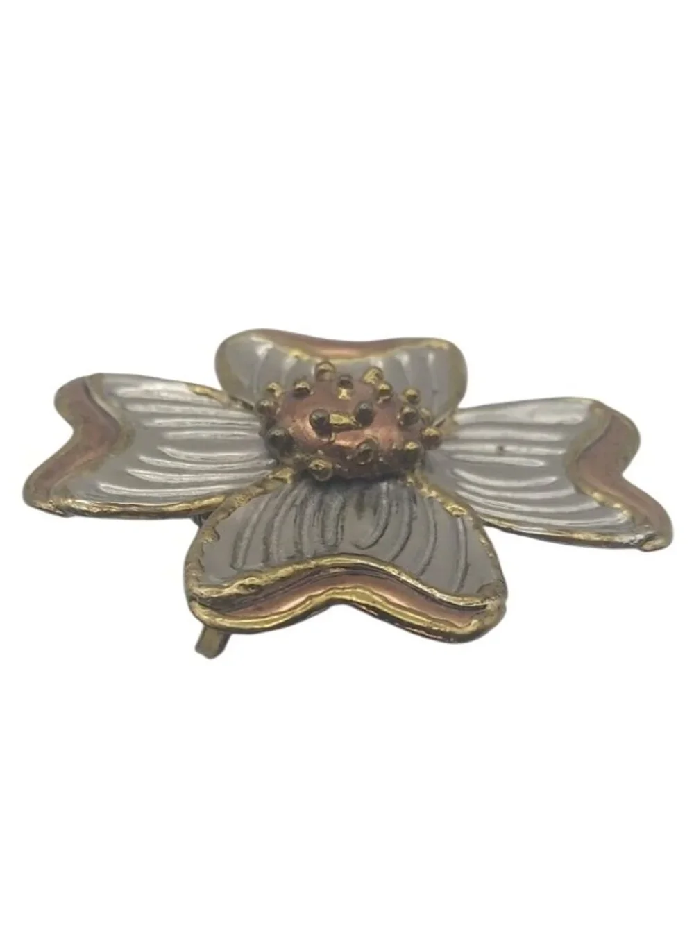 Brutalist Dogwood Flower Three Tone Metal Brooch Pin Pendant Signed SJ Vintage